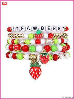 Pearl Heishi Beaded Stretch Bracelet Stackable Boho Strawberry Charms